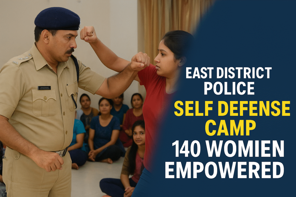 East District Police officer teaching women self defense techniques during empowerment camp in Delhi