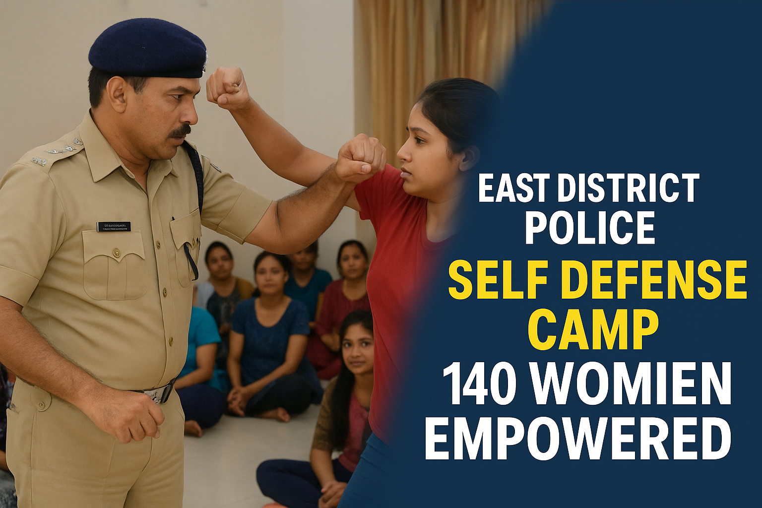 East District Police officer teaching women self defense techniques during empowerment camp in Delhi