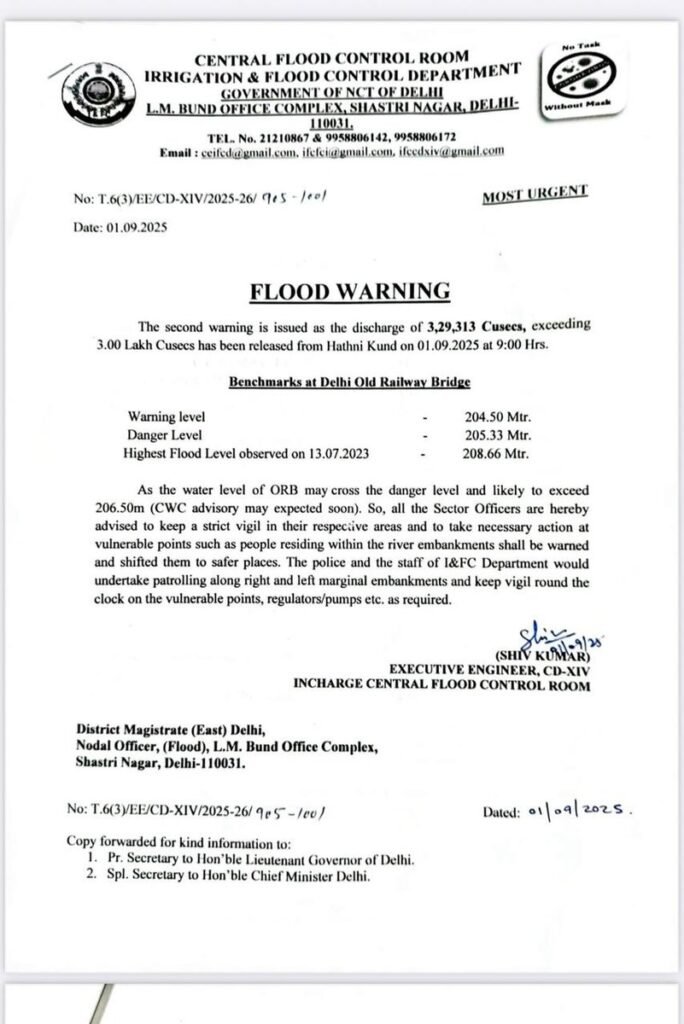 Yamuna water level rising in Delhi after 3.29 lakh cusecs water released from Hathini Kund Barrage