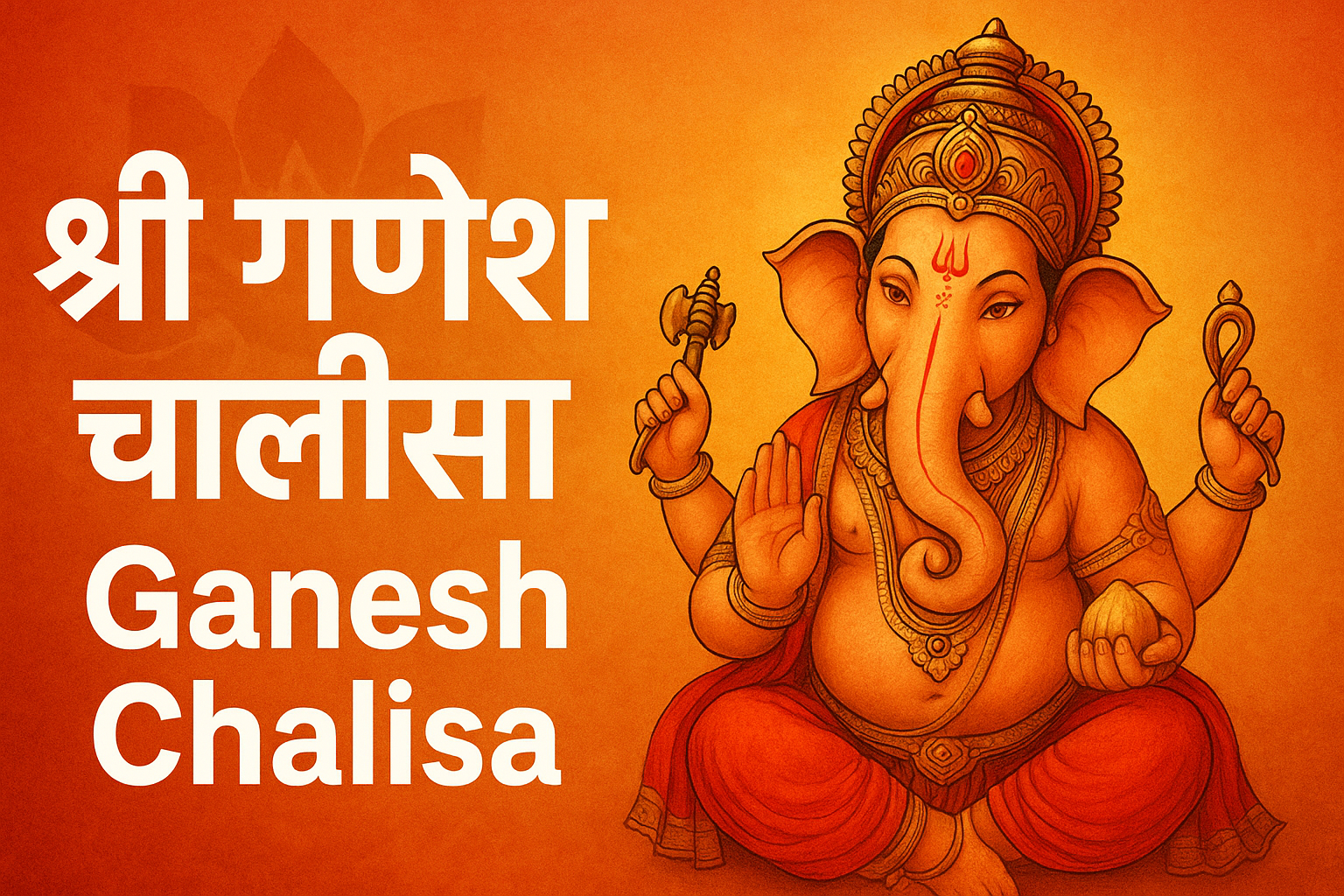 Lord Ganesha with Ganesh Chalisa in Hindi and English on orange background
