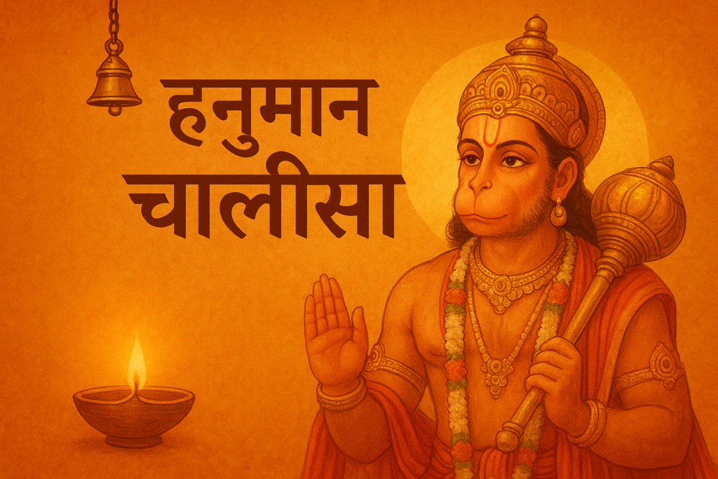 Traditional devotional illustration of Lord Hanuman with the text "हनुमान चालीसा" in Hindi.