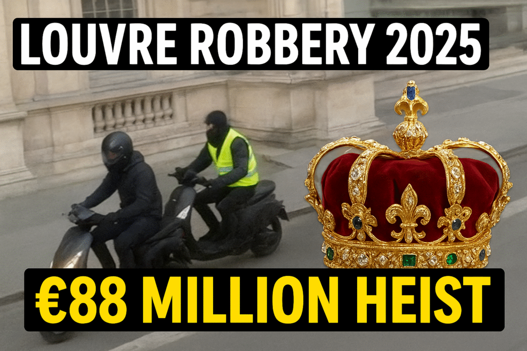 Two masked robbers flee the Louvre Museum on scooters after stealing a French crown worth €88 million in 2025