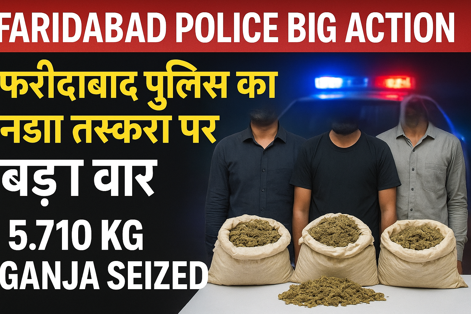 Faridabad Police big action thumbnail showing seized ganja bags and three arrested suspects.