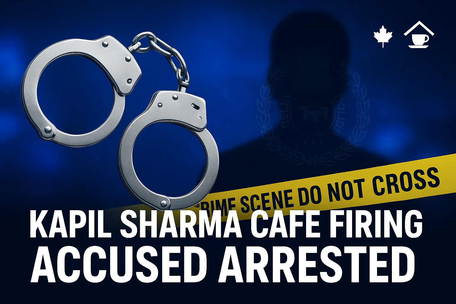 Large metallic handcuffs with crime scene tape in front of a police-themed background showing “Kapil Sharma Café Firing – Accused Arrested.”