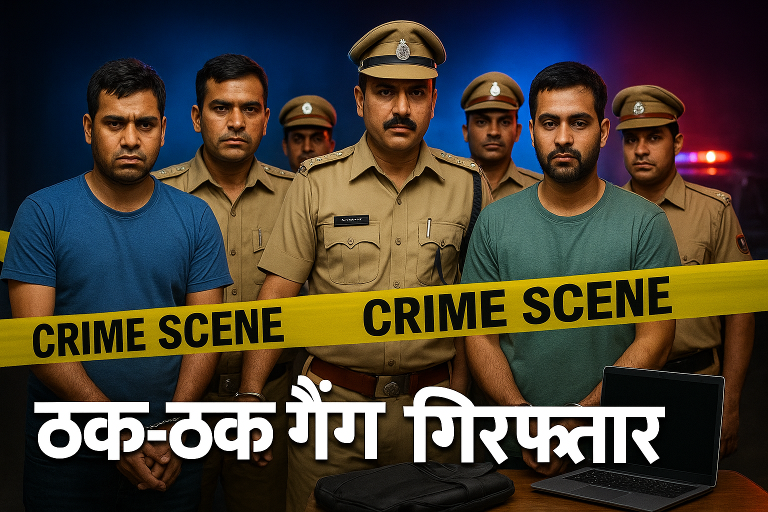 “Delhi Police crime scene with officers, crime scene tape, laptop and bag displayed, representing Thak-Thak Gang arrest.”