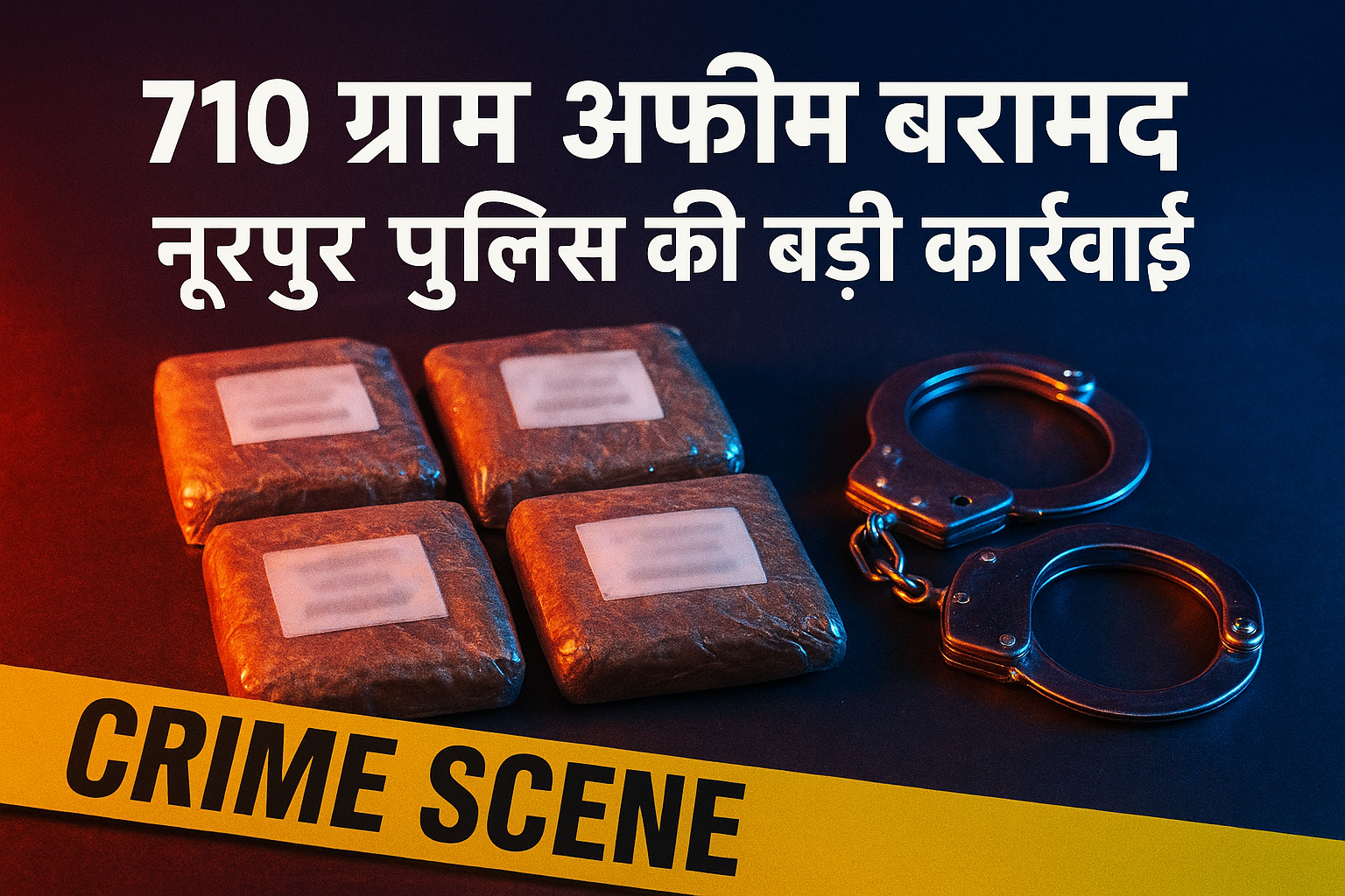 A police evidence table showing seized 710 grams of opium with crime scene tape and handcuffs.