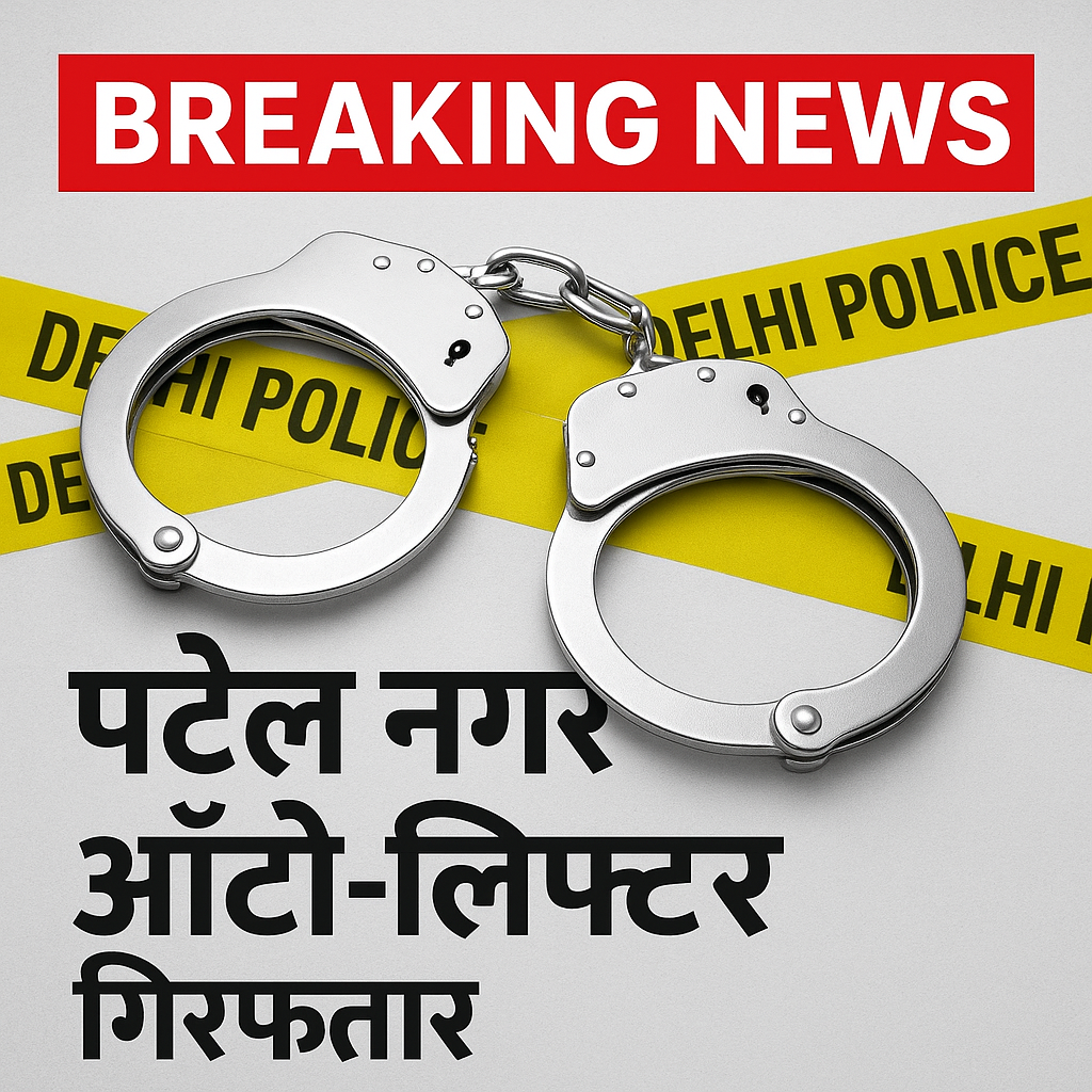 “Patel Nagar auto-lifter arrest thumbnail with handcuffs and Delhi Police crime scene tape.”
